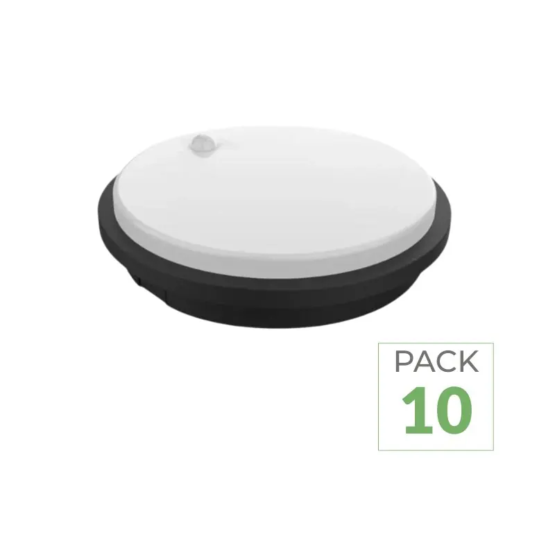 Pack de 10 - Hublot LED Extérieur Rond 10W IP54 Noir avec détecteur de mouvement