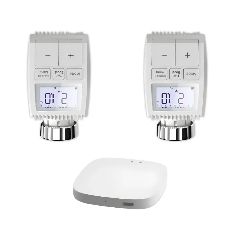 Kit de Têtes Thermostatiques Connectées Universelle avec Ecran LCD + Passerelle ZigBee (Kit 2 têtes + 1 passerelle)