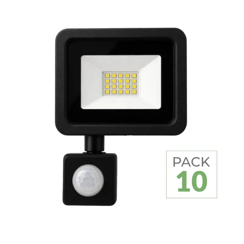 Pack de 10 - Projecteur LED Extérieur 20W IP65 NOIR avec Détecteur de Mouvement Crépusculaire