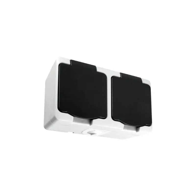 Prise Double Étanche + Clapet Noir IP54 2P+T Saillie