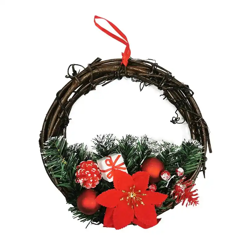 Corona de Navidad de madera con nudo rojo de 30 cm