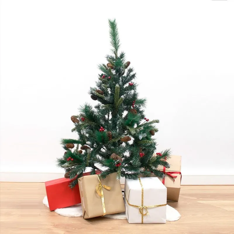 FIR artificial verde de luxo de 120cm com 195 cabeças com pinheiros e frutas vermelhas