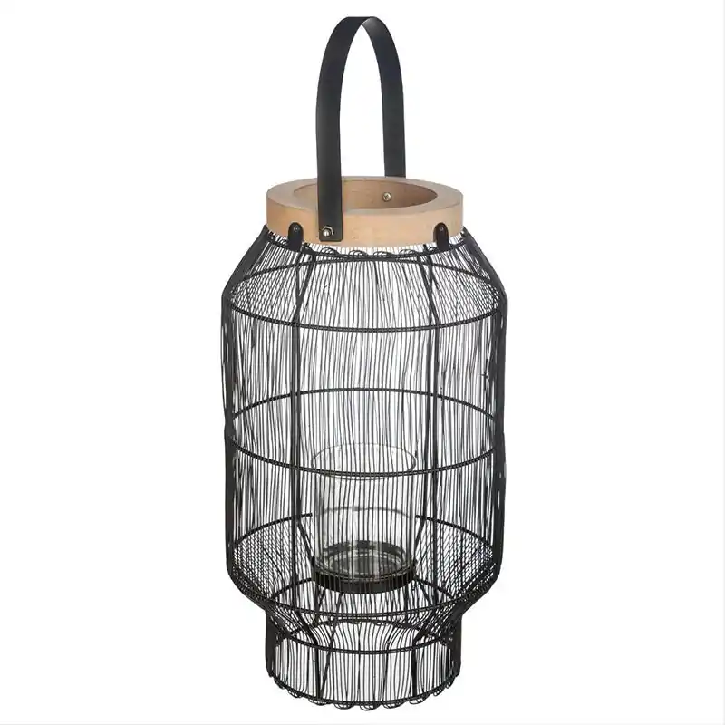 Dekorative Laterne aus Metall, Holz und Glas für Kerze 8 cm