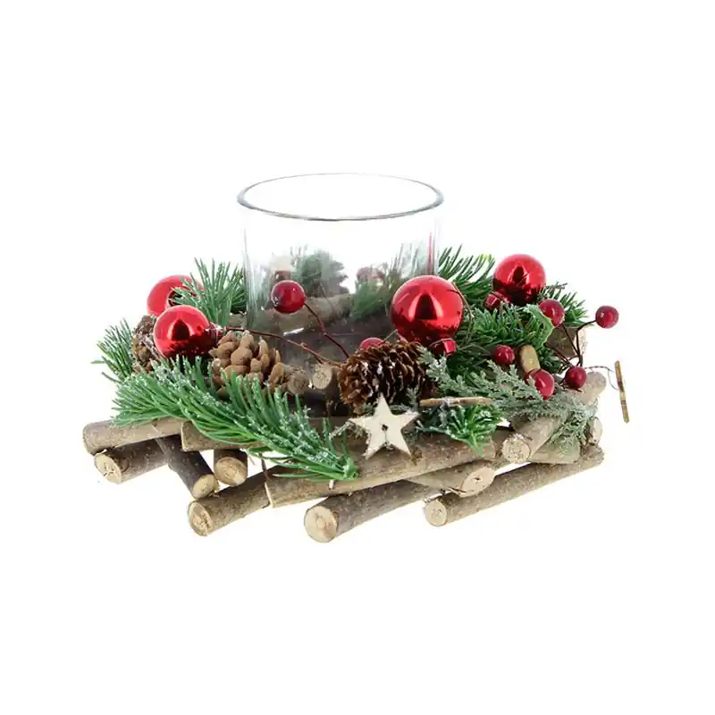 Weihnachts-Teelichthalter 1 Kerzenhalter Ø19cm – Stechpalme und Kiefer