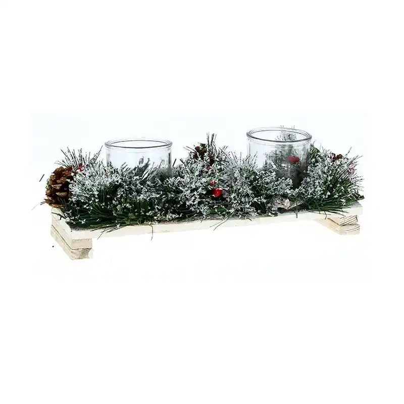 Weihnachts-Teelichthalter 2 Kerzenhalter 35x135x5cm - Stechpalme und Kiefer