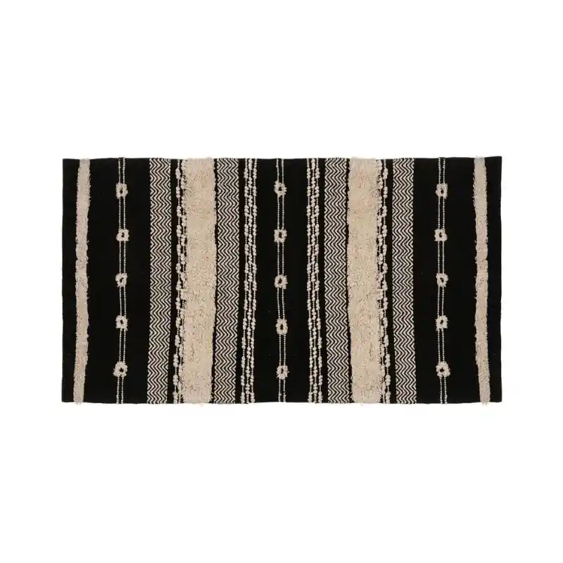 Ethnischer rechteckiger Baumwollteppich in Beige und Schwarz, 90 x 150 cm