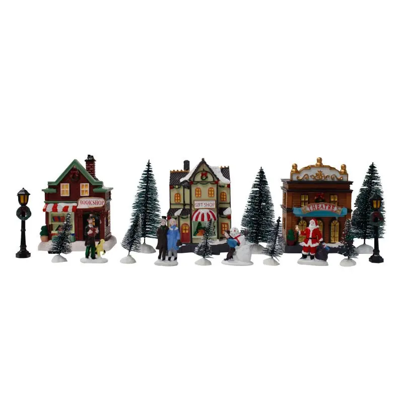 LED-Leucht-Weihnachtsdorf, Set aus 3 Häusern und Zubehör
