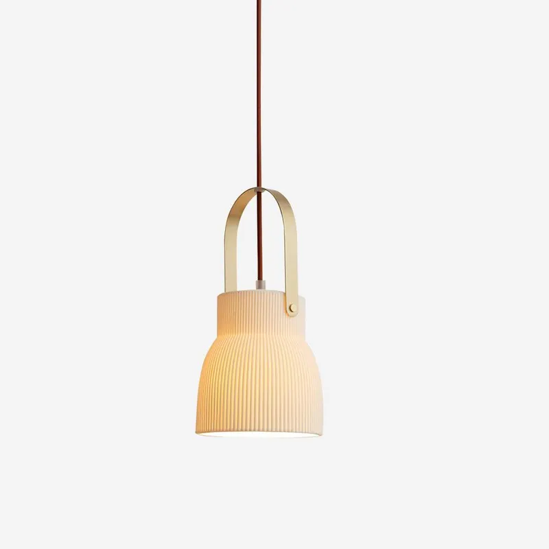 Eclipse Pendant Lamp Ribbed White Ceramic with Brass Handle