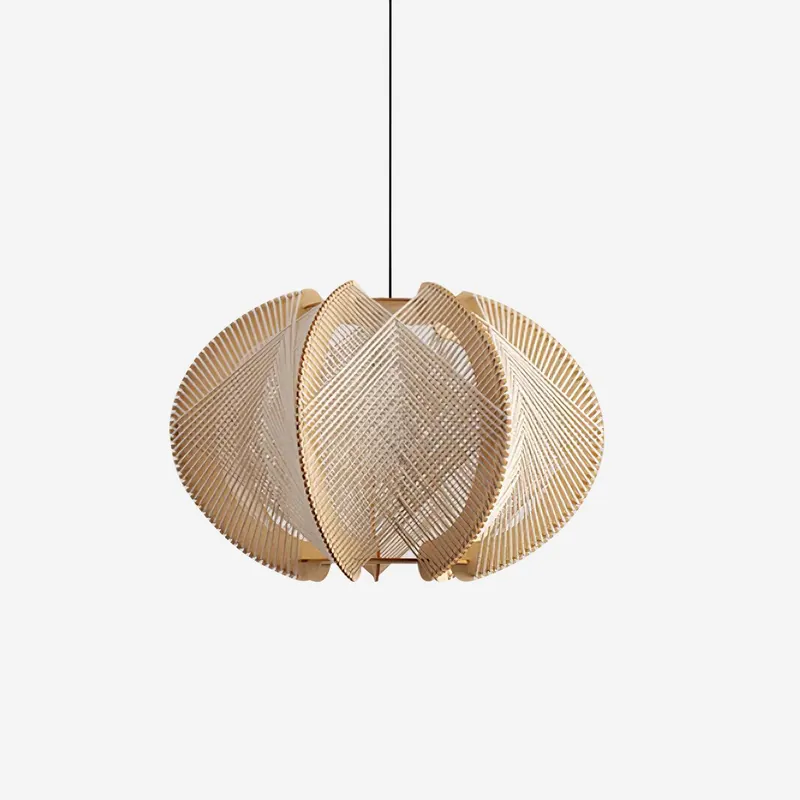 Novan Suspension avec abat-jour en tissu, structure en bois et détails en fil métallique