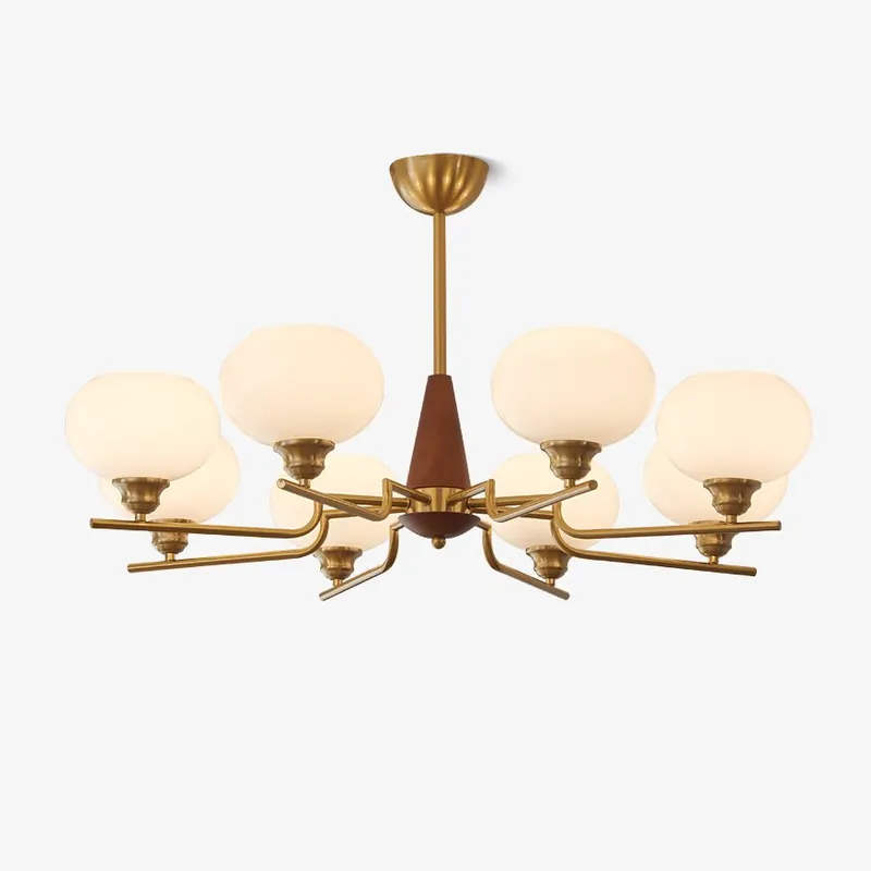 Lustra Chandelier en Noyer avec Globes en Verre Opale