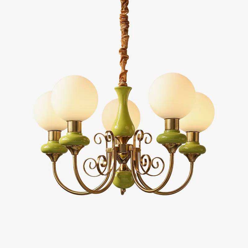 Lustra Chandelier Abat-jours Verts Bras Courbés en Or