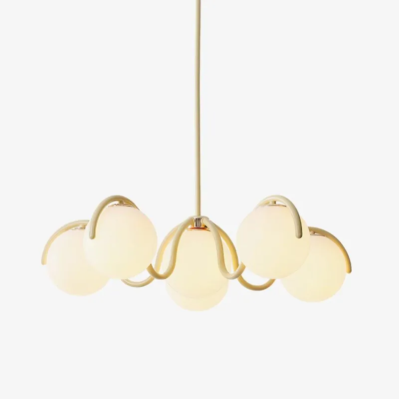 Lustra Chandelier en Verre Blanc avec Globes et Cadre Courbé