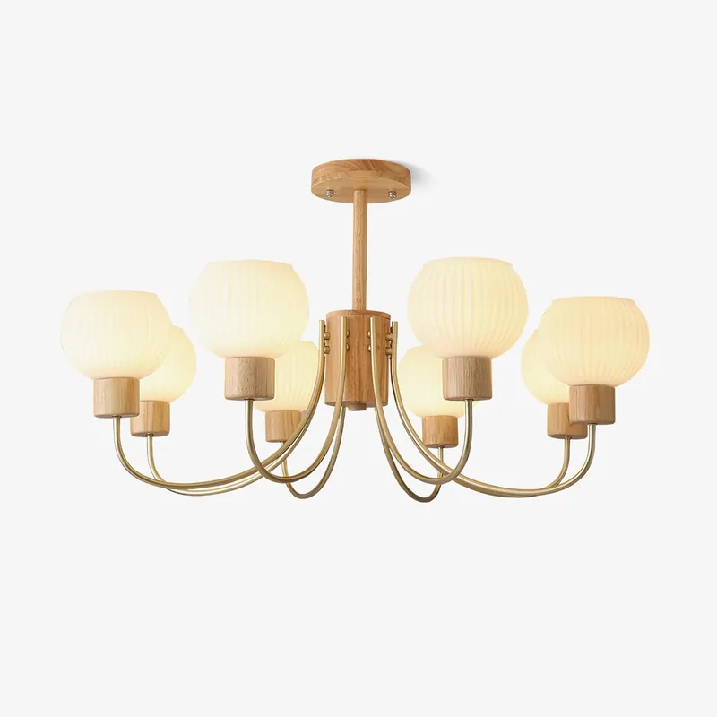 Lustra Chandelier en Bois à 6 Lumières en Verre Élégant