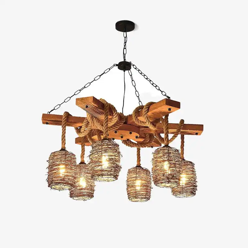 Lustra Chandelier Vintage Ferme Rattan Bois