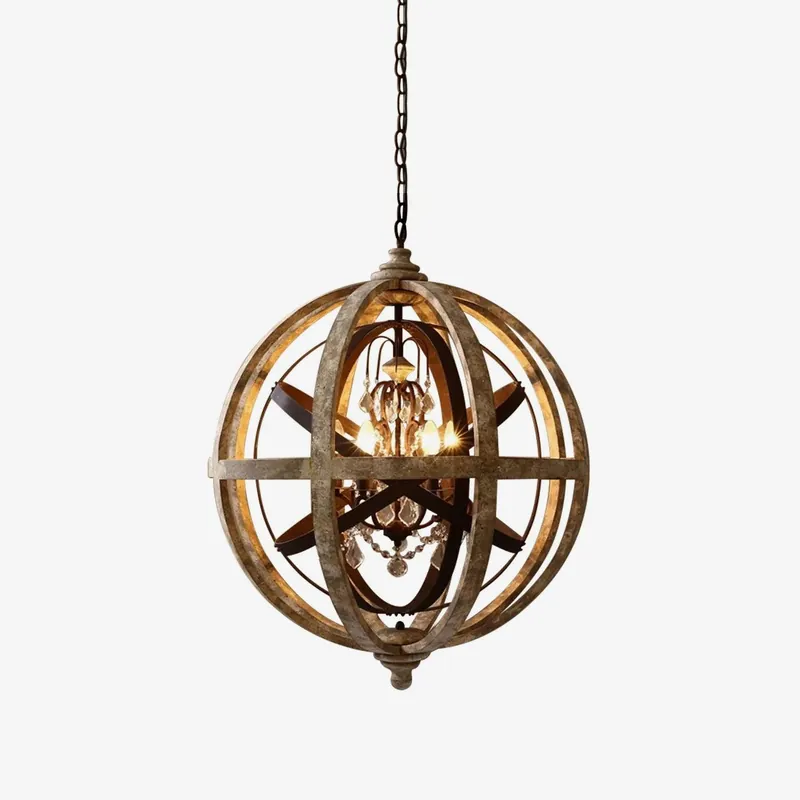 Lustra Chandelier Globe Rétro avec Bois Vieilli