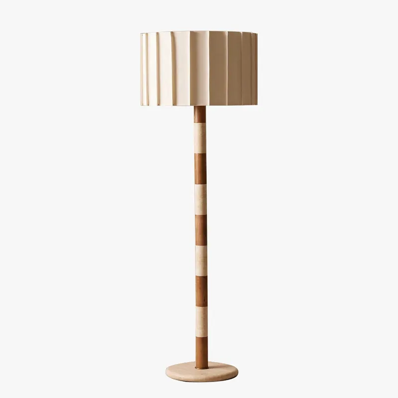 Lampadaire Rayé en Travertin Abat-Jour Plissé Bois Naturel