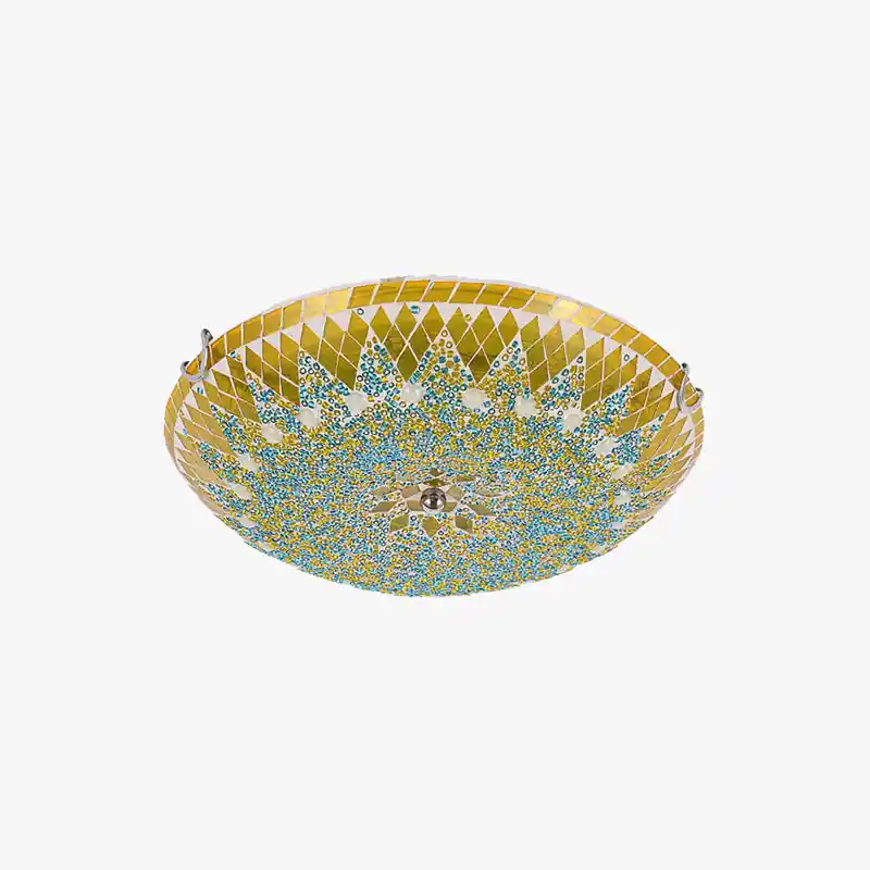 Tiffany Plafonnier Dôme Méditerranéen, Verre, Bleu\\/Jaune\\/Blanc, Salon
