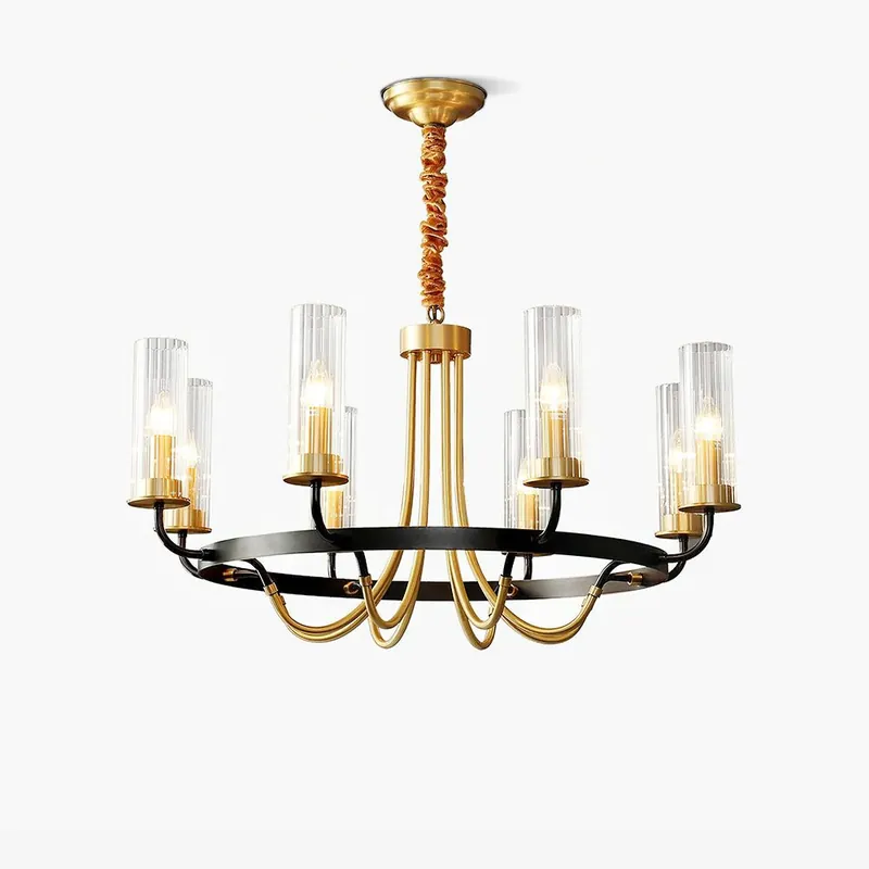 Chandelier Cadre Rond Noir Bras en Laiton avec Verre Cannelé