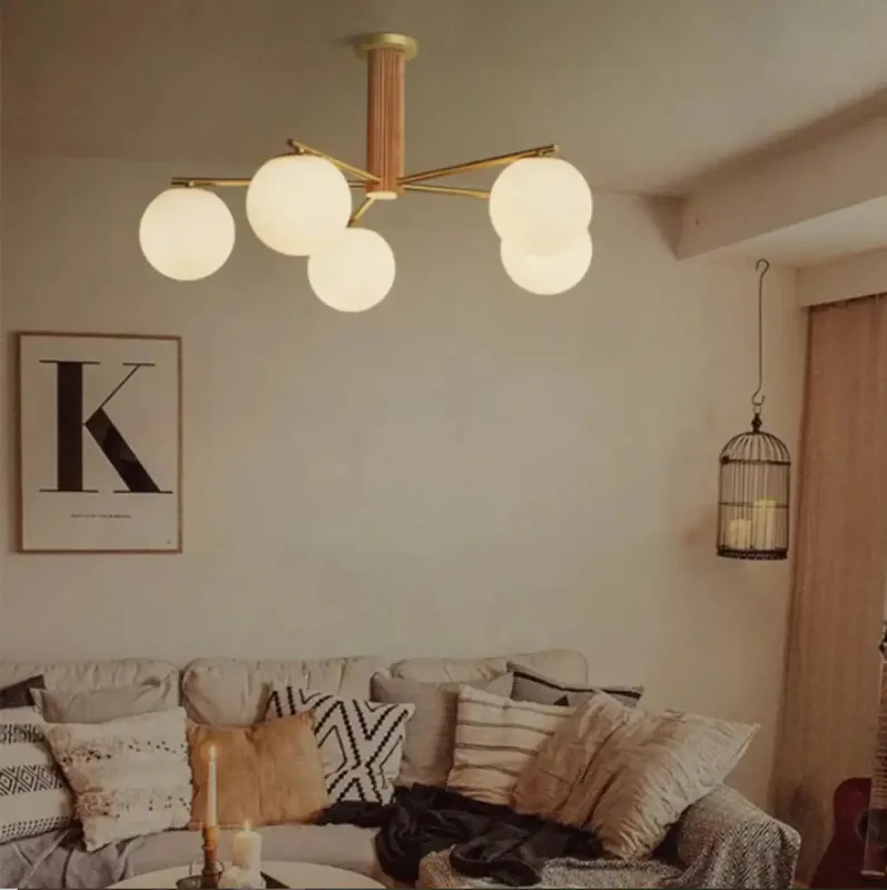 Japanese Walnut Wooden Ceiling Chandelier White Round Glass Ball Lamp Wabi-sabi Living Room Study Bedroom Dining Room Retro Lamp