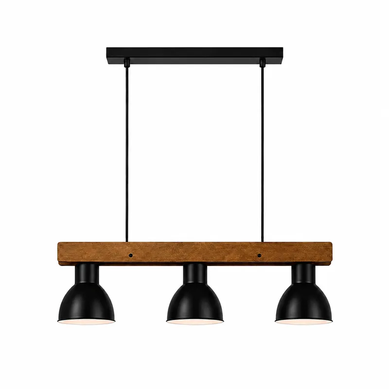 Suspension 3 Abat-Jours Métal Noir Barre Bois | Timber