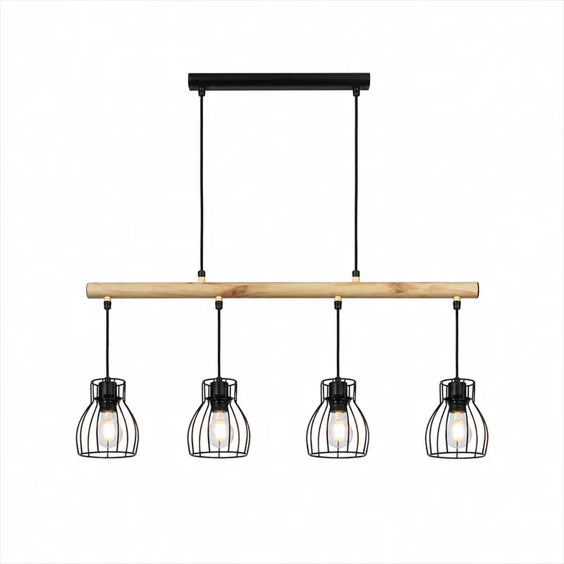 Suspension 4 Abat-Jours Filaires Cage Bois | Forge