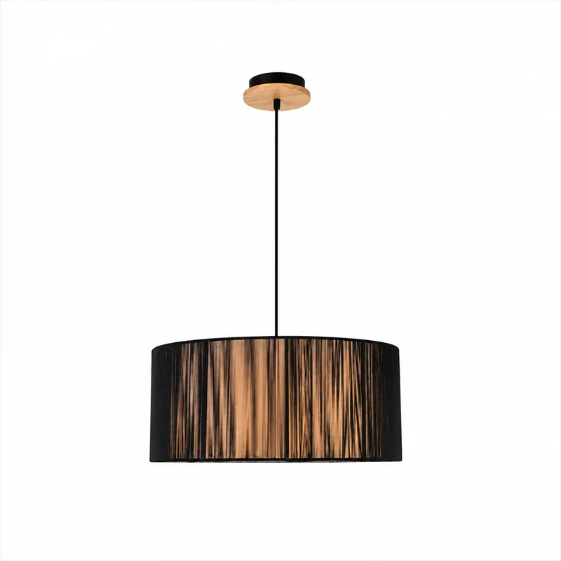 Suspension Abat-Jour Cylindrique Fils PVC Noir Bois | Kyoto