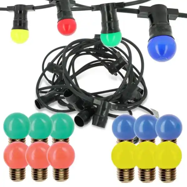 Guirlande Guinguette 10 Culots E27 10 mètres Interconnectable + 12 Ampoules LED E27 1W Mutlicolors