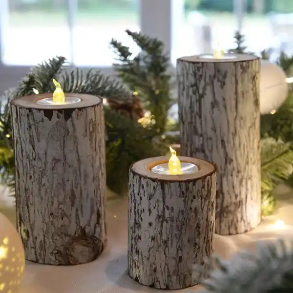 3 Bougies LED déco tronc d'arbre a piles