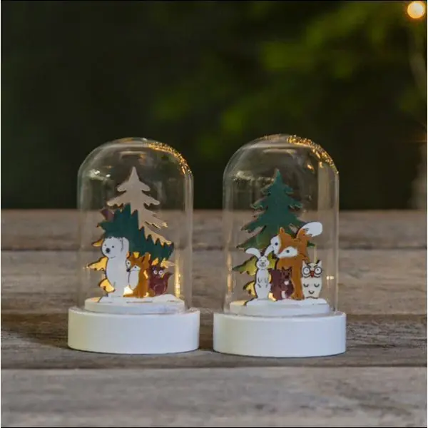Lot de 2 décorations Noël Les Amis de la Foret LED sous dôme en verre