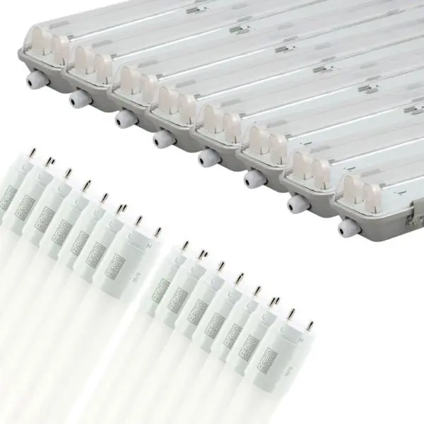 Lot de 8 boîtiers 150 cm + 16 tubes 150 cm (réglette pour garage, cave...) Blanc froid 6000K