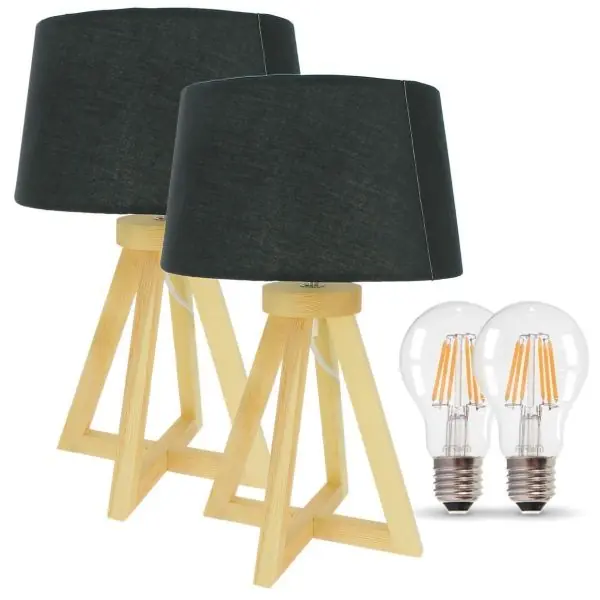 Lot de 2 Lampes à poser HOD en bois E27 37cm avec ses ampoules 4W LED Filament Blanc Chaud