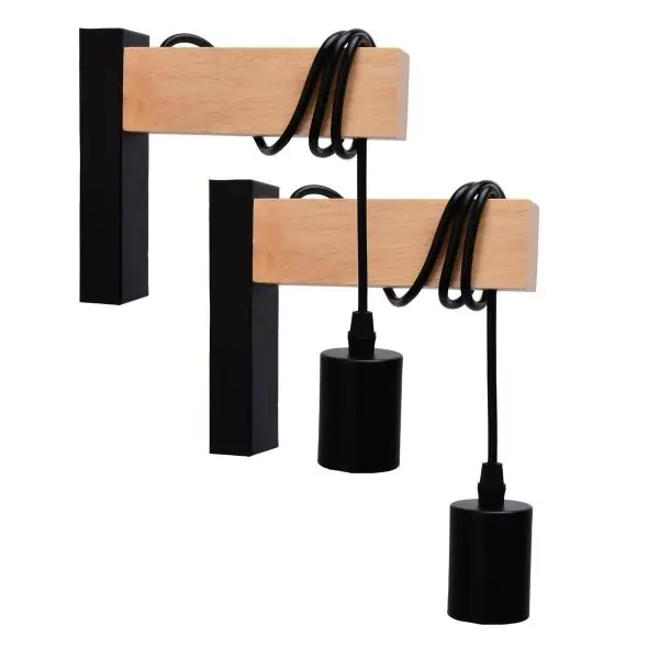 Lot de 2 Appliques Murales Potence NORFOLK Noir et Bois E27 Intérieur