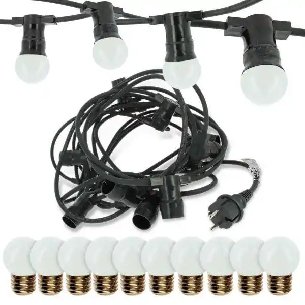 Guirlande guinguette Professionnelle 10 Ampoules LED E27 1W Blanc Chaud 10 mètres Interconnectable