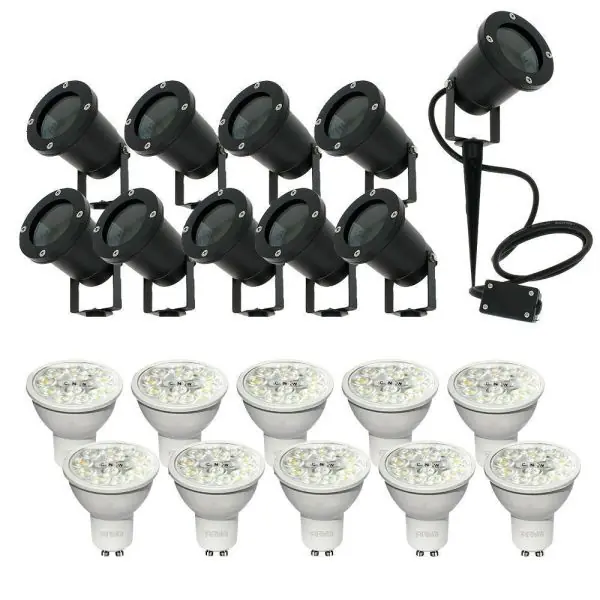 Lot de 10 Spots piquets étanches IP65 + 10 ampoules GU10 6W Blanc chaud, Blanc naturel, Blanc froid