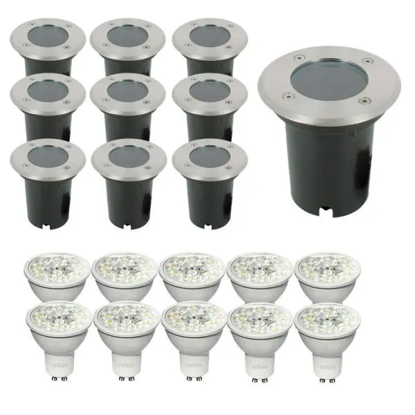 Lot de 10 encastrables de sol étanche IP67 + 10 ampoules 6W Blanc chaud, Blanc naturel, Blanc froid