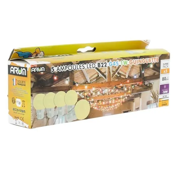 Boite de 5 Ampoules LED B22 Guinguette 1W Eq 20W Blanc Chaud