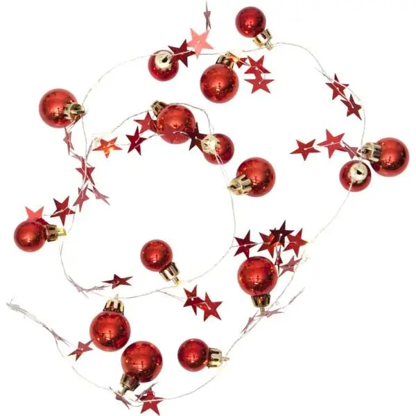 Guirlande sur piles LED blanc chaud Boule de Noel rouge