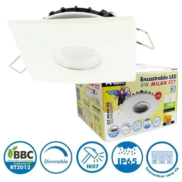 Encastrable LED 8W MILAN CCT IP65 IK07 Collerette Carrée Blanche avec Transformateur Dimmable