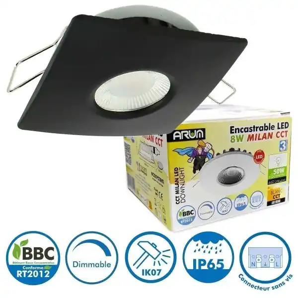 Spot Encastrable LED 8W MILAN CCT IP65 IK07 Collerette Carrée Noire avec Transformateur Dimmable