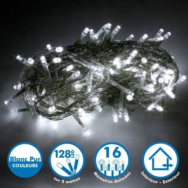 Guirlande lumineuse 8 mètres 128 LED - Blanc Pur extérieur