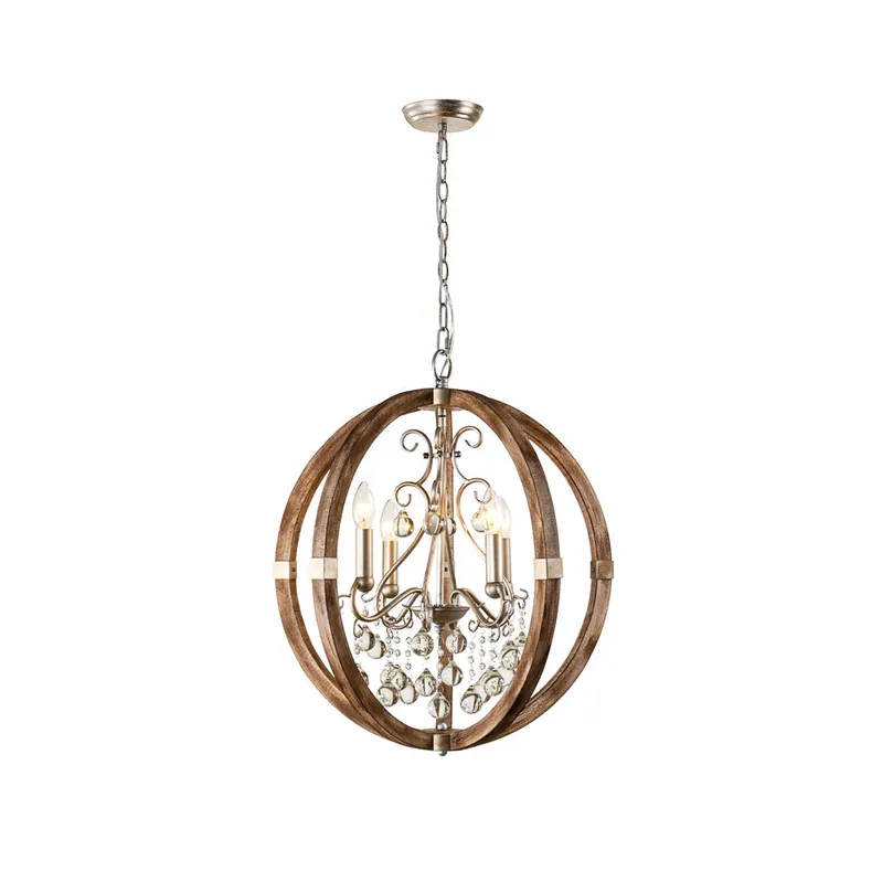 Suspension 5 Têtes en Fer et Bois | D 55 × H 59 cm | Abat-jour Bois, Perles Verre