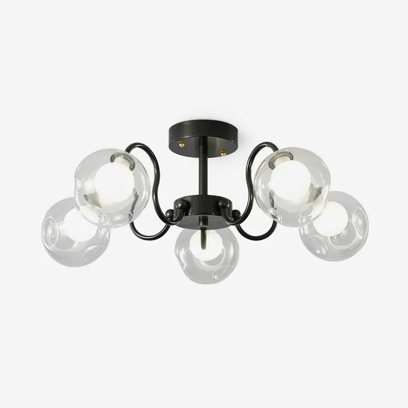Lustre Plafonnier Verre Globe | Cadre Laiton et Corps Noir | 4, 5 ou 6 Têtes