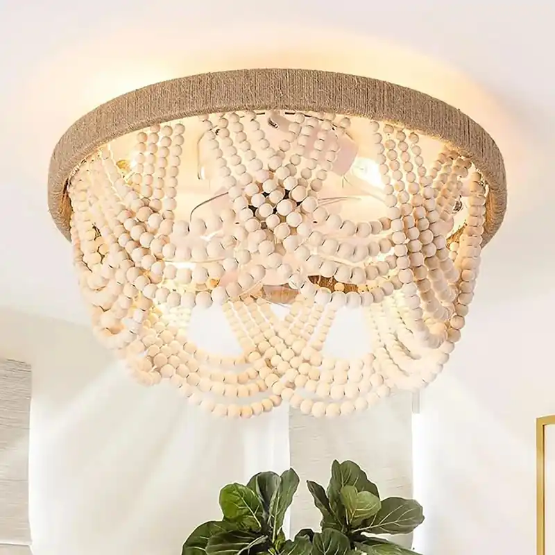 Plafonnier LED Bohémien en Perles de Bois avec Télécommande Style Nordique Vintage