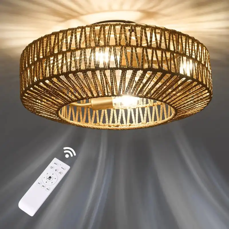 Ventilateur de plafond en rotin Rétro Breeze avec lumière et télécommande