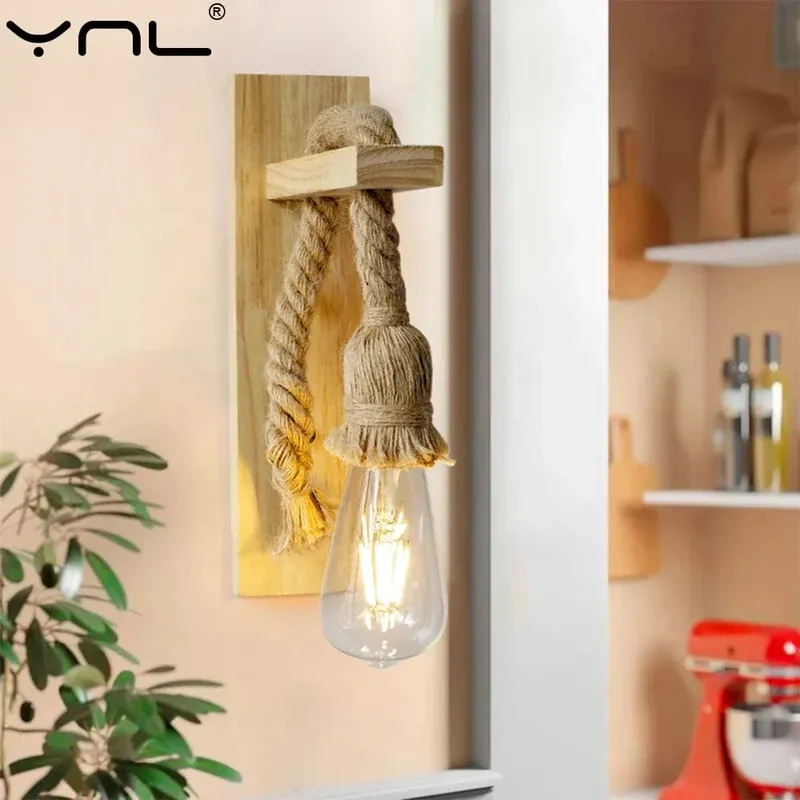 Applique murale rétro en chanvre et bois pour décoration intérieure