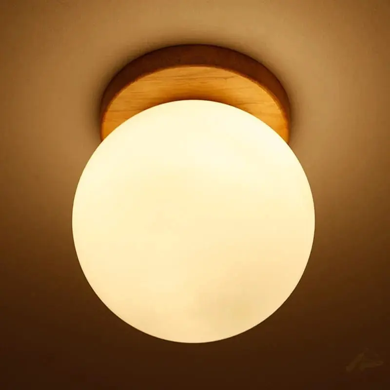 Boule en verre blanc plafond moderne avec LEDs et piédestal en bois - Luminaire suspendu pour un éclairage élégant à la maison