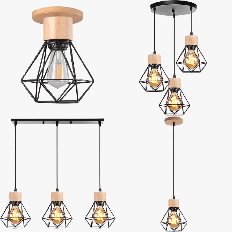 Suspension Vintage en Bois et Fer avec Cage et 3 Têtes - Éclairage Mini Plafonnier