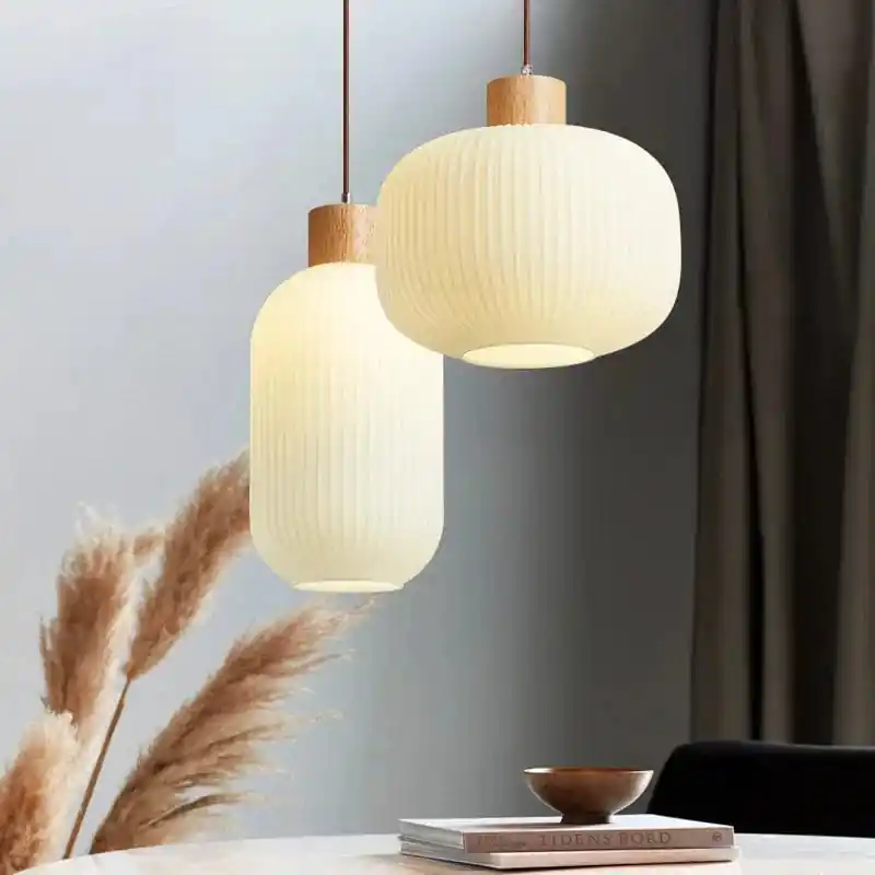 Suspension en verre blanc lampe suspendue japonaise - Lampe suspendue en bois