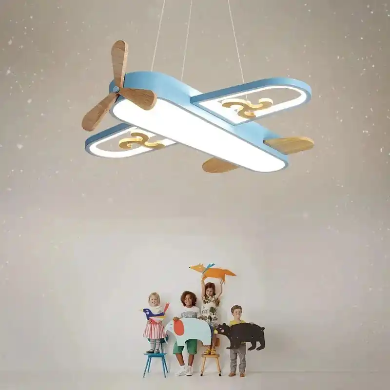 Plafonnier Avion LED - Jaune et Bleu - Design Minimaliste - Plafonnier en Bois - Chambre Enfant