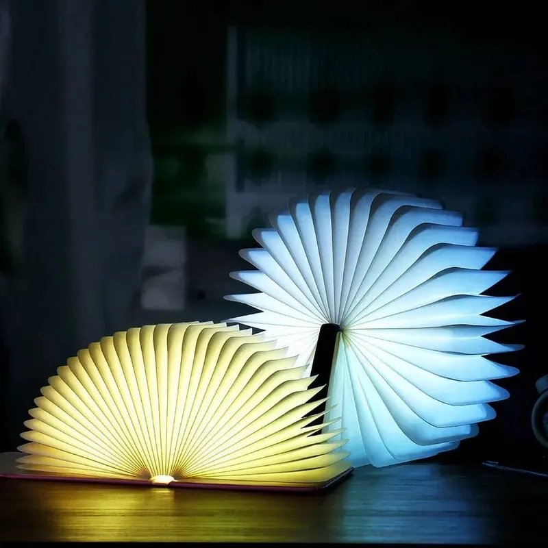Veilleuse Livre LED 3D Creative en Bois Portable - Rechargeable USB - Lampe de Table Magnétique - Décoration Maison - 5 Couleurs